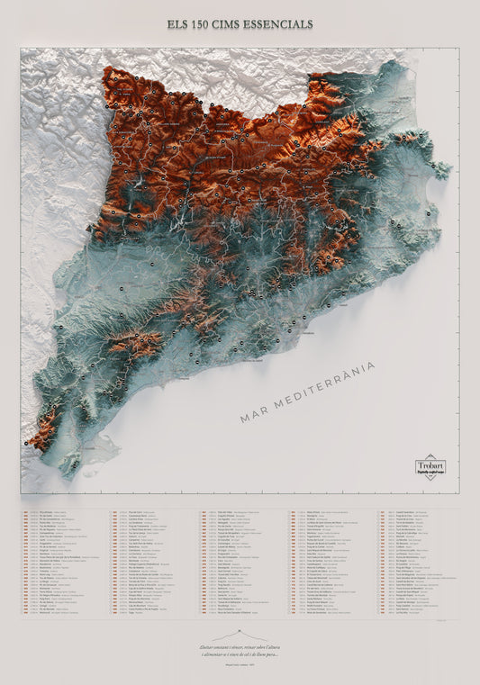 Mapa complet dels 150 cims essencials de la FEEC, contrastat, làmina vertical de 70 × 100 cm.