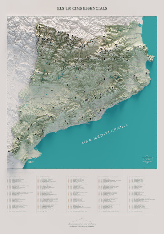 Mapa completo de las 150 cimas esenciales de la FEEC, estilo cartográfico, lámina vertical de 70 × 100 cm.