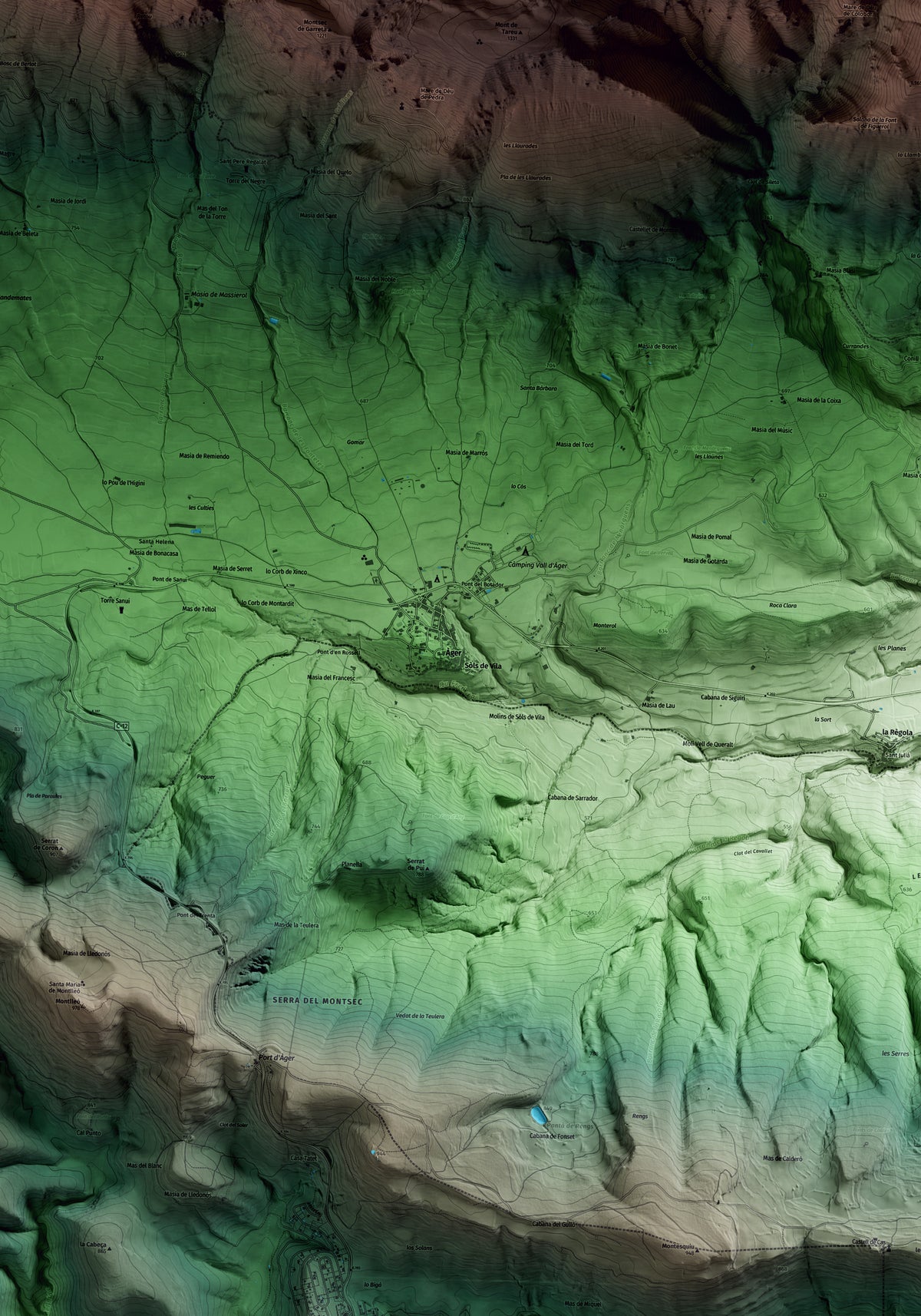Mapa artístico del relieve de Àger, a la Noguera, con 15 km de entorno y base topográfica ICGC. Detalle de la zona central.