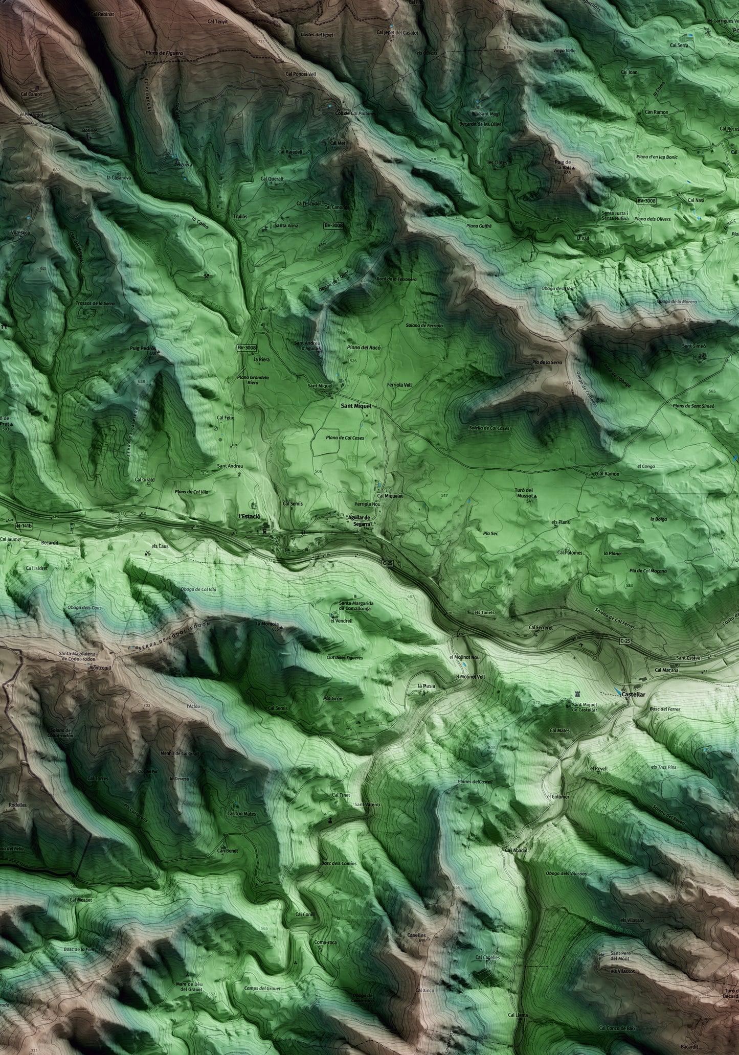 Mapa artístico del relieve de Aguilar de Segarra, al Bages, con 15 km de entorno y base topográfica ICGC. Detalle de la zona central.