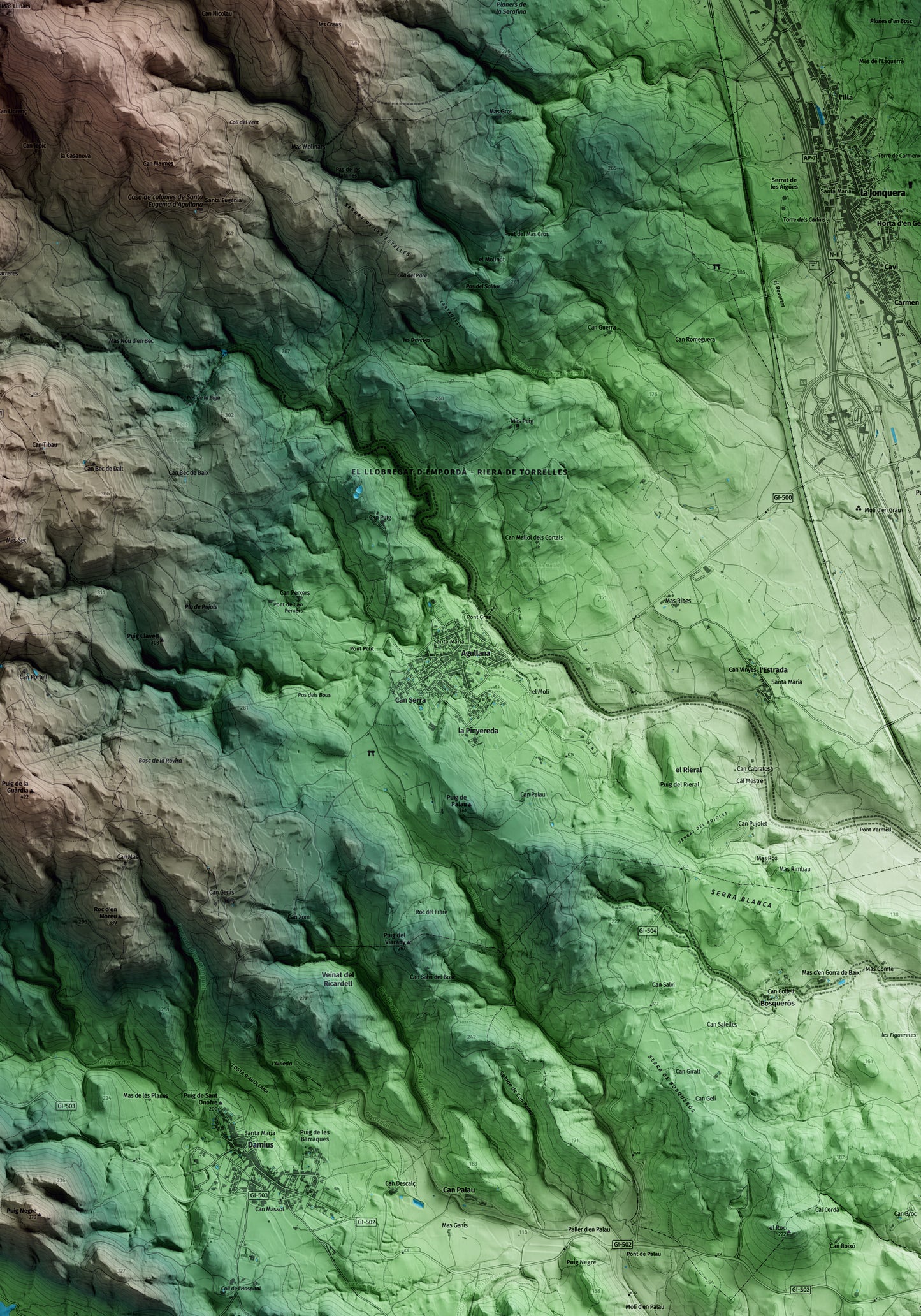 Mapa artístico del relieve de Agullana, al Alt Empordà, con 15 km de entorno y base topográfica ICGC. Detalle de la zona central.