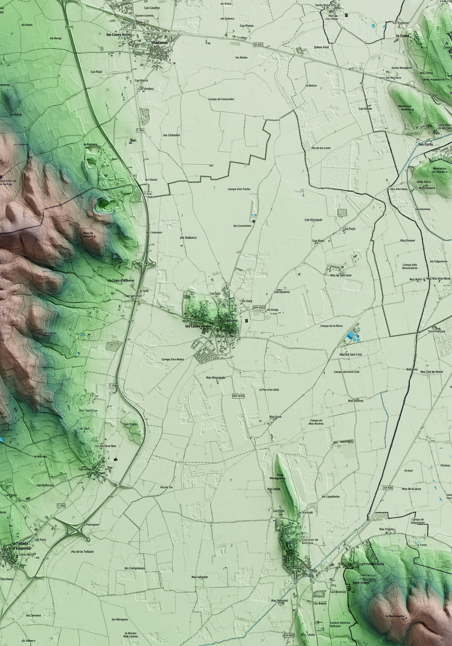 Mapa artístico del relieve de Albons, al Baix Empordà, con 15 km de entorno y base topográfica ICGC. Detalle de la zona central.