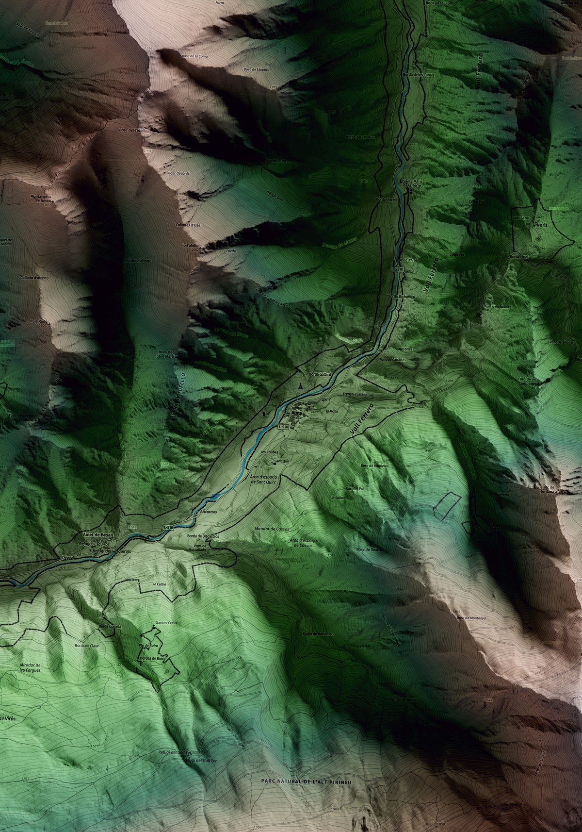 Mapa artístico del relieve de Alins, al Pallars Sobirà, con 15 km de entorno y base topográfica ICGC. Detalle de la zona central.