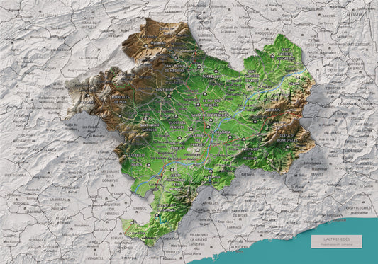 Mapa de relieve del Alt Penedès, con el territorio en color y el entorno en blanco. Vista completa de la lámina. 21 × 30 cm. Estilo Clásico.