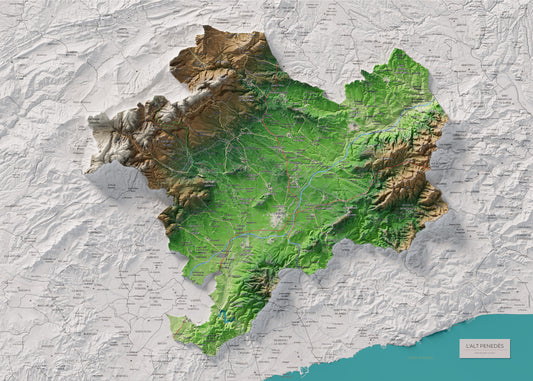 Mapa de relieve del Alt Penedès, con el territorio en color y el entorno en blanco. Vista completa de la lámina. 50 × 70 cm. Estilo Clásico.