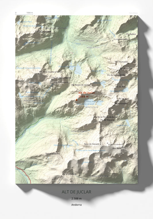 Mapa de relieve de Alt de Juclar, 2588 m, Andorra, lámina 100 Cims de Trobart 21 × 30 cm.