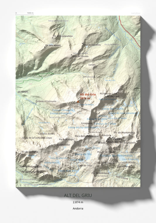 Mapa de relieve de Alt del Griu, 2874 m, Andorra, lámina 100 Cims de Trobart 21 × 30 cm.
