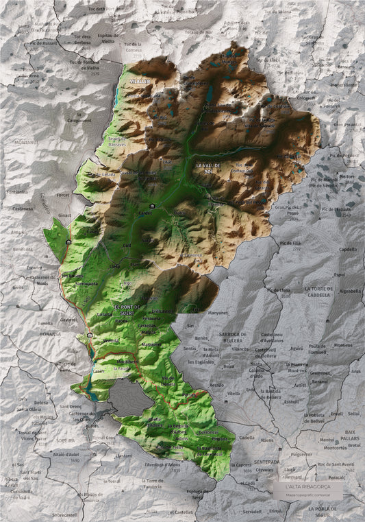 Mapa de relieve de la Alta Ribagorça, con el territorio en color y el entorno en blanco. Vista completa de la lámina. 21 × 30 cm. Estilo Clásico.