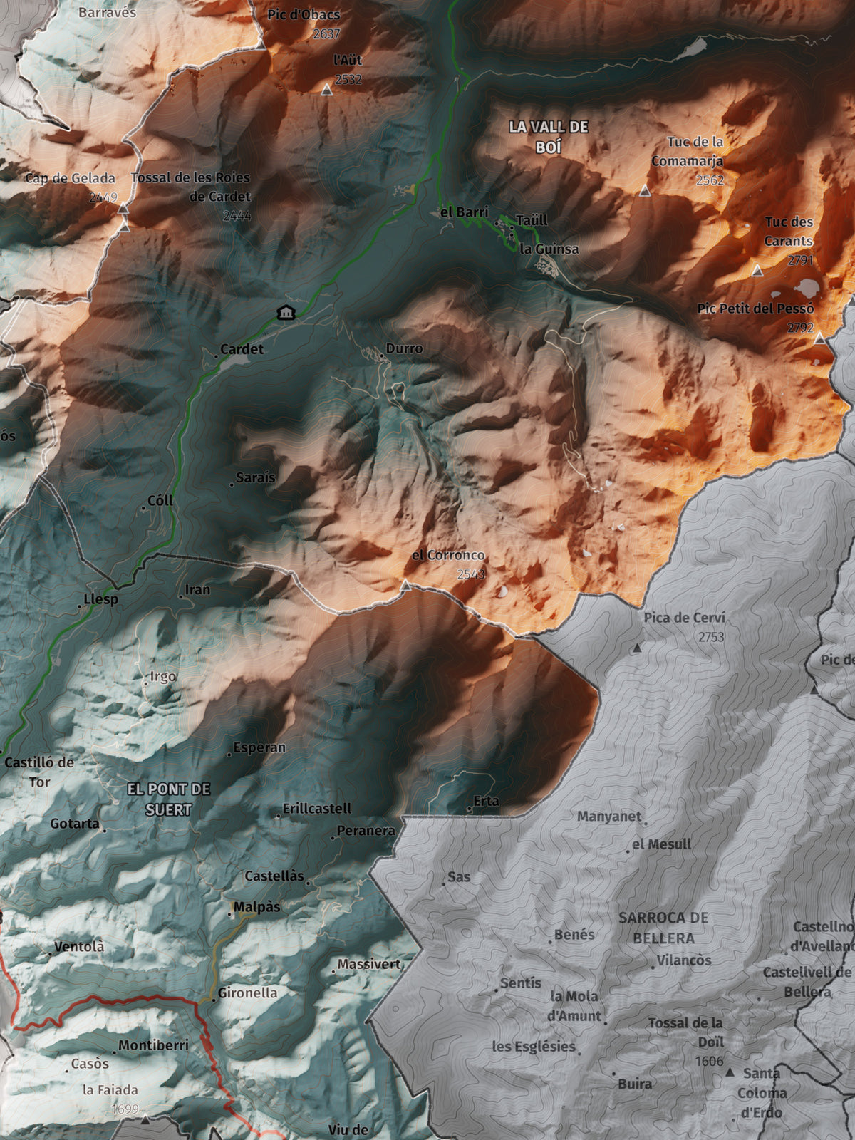 Mapa de relieve de la Alta Ribagorça, con el territorio en color y el entorno en blanco. Detalle de la zona central. 30 × 40 cm. Estilo Contrastado.