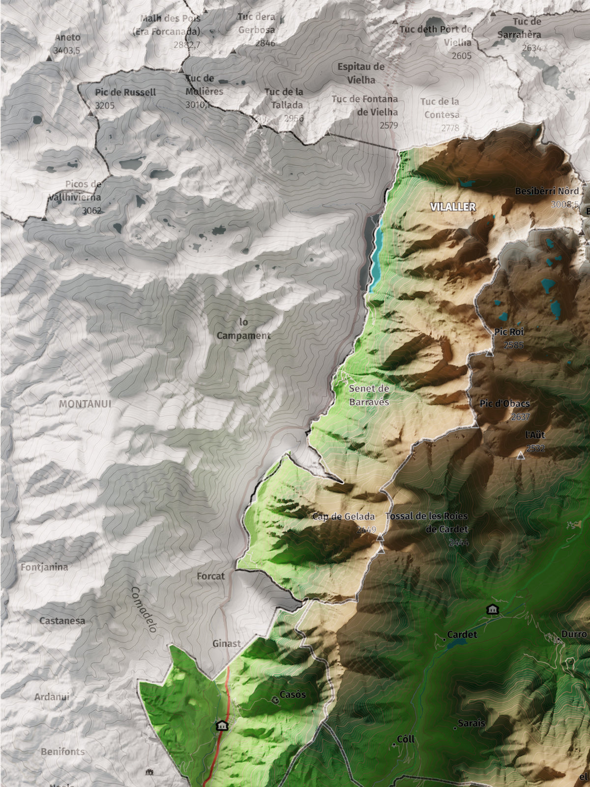 Mapa de relieve de la Alta Ribagorça, con el territorio en color y el entorno en blanco. Detalle de la zona superior izquierda. 30 × 40 cm. Estilo Clásico.