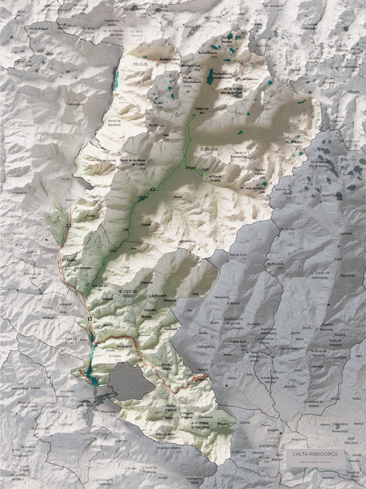 Mapa de relieve de la Alta Ribagorça, con el territorio en color y el entorno en blanco. Vista completa de la lámina. 30 × 40 cm. Estilo Cartográfico.
