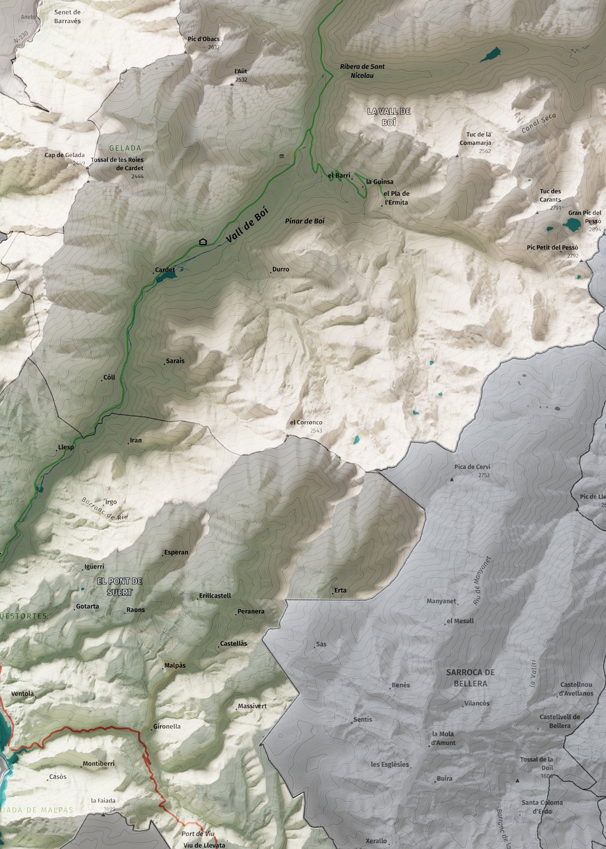 Mapa de relieve de la Alta Ribagorça, con el territorio en color y el entorno en blanco. Detalle de la zona central. 50 × 70 cm. Estilo Cartográfico.