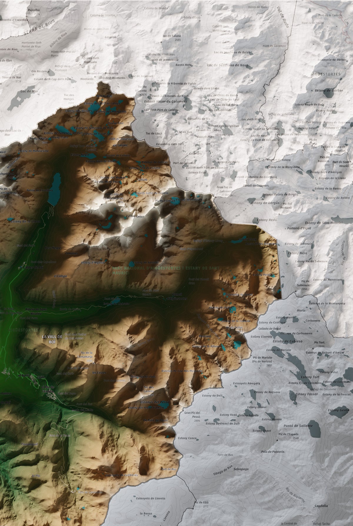 Mapa de relieve de la Alta Ribagorça, con el territorio en color y el entorno en blanco. Detalle de la zona superior derecha. 61 × 91 cm. Estilo Clásico.