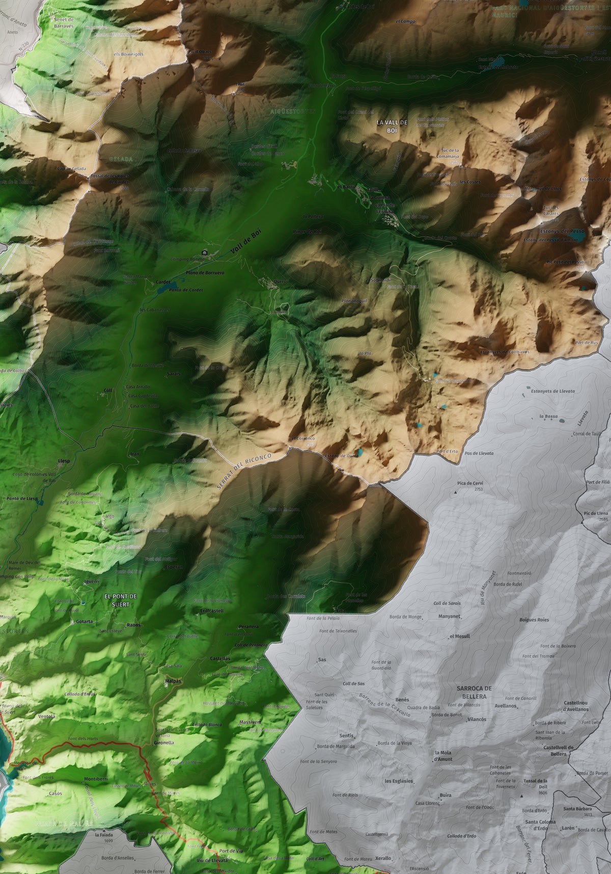Mapa de relieve de la Alta Ribagorça, con el territorio en color y el entorno en blanco. Detalle de la zona central. 70 × 100 cm. Estilo Clásico.
