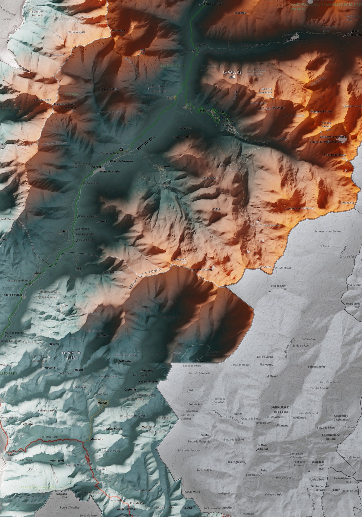 Mapa de relieve de la Alta Ribagorça, con el territorio en color y el entorno en blanco. Detalle de la zona central. 70 × 100 cm. Estilo Contrastado.
