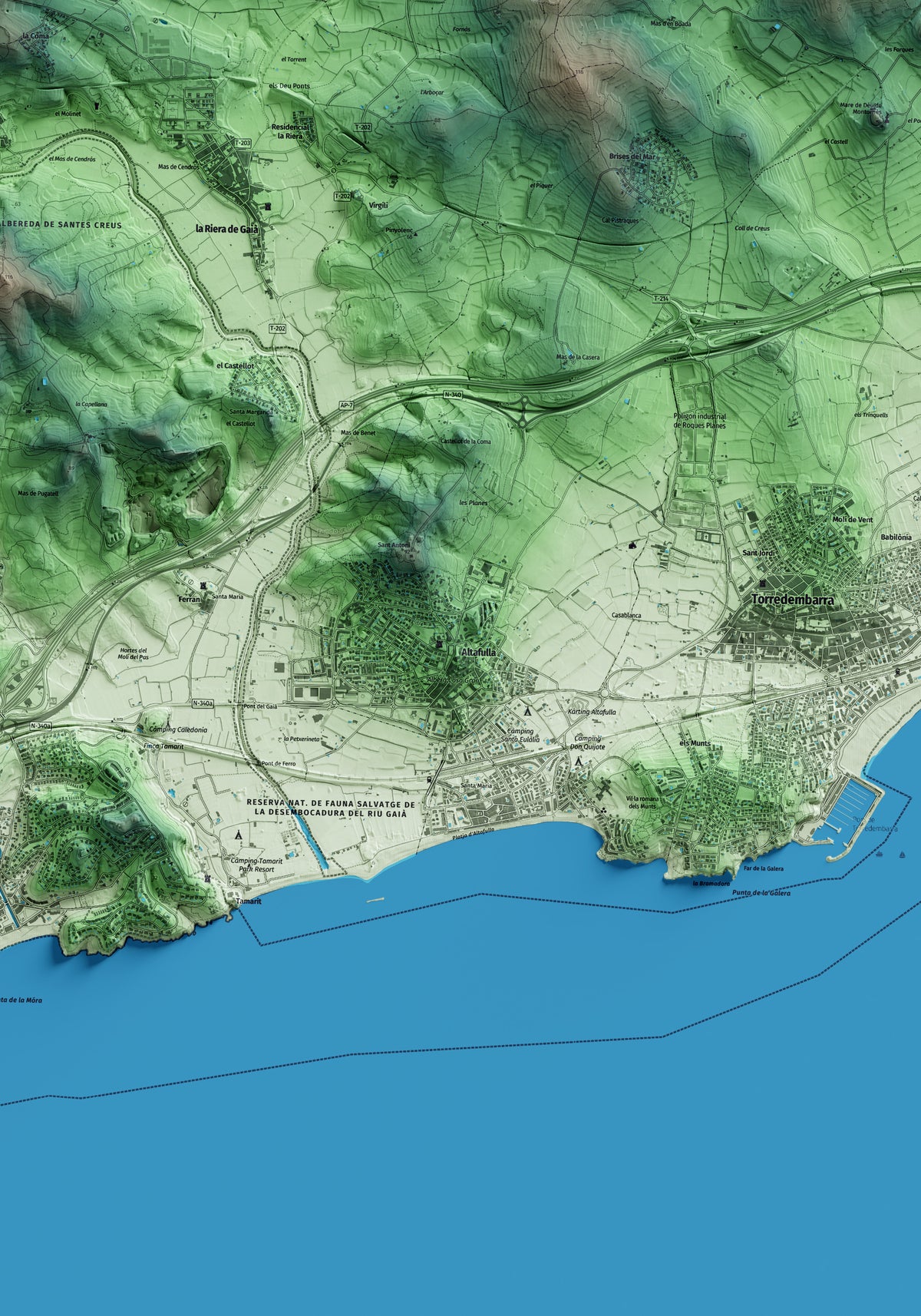 Mapa artístico del relieve de Altafulla, al Tarragonès, con 15 km de entorno y base topográfica ICGC. Detalle de la zona central.