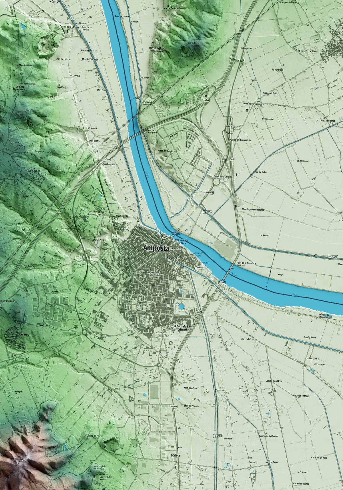 Mapa artístico del relieve de Amposta, al Montsià, con 15 km de entorno y base topográfica ICGC. Detalle de la zona central.