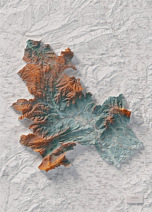 Mapa de relieve de la Anoia, con el territorio en color y el entorno en blanco. Vista completa de la lámina. 50 × 70 cm. Estilo Contrastado.