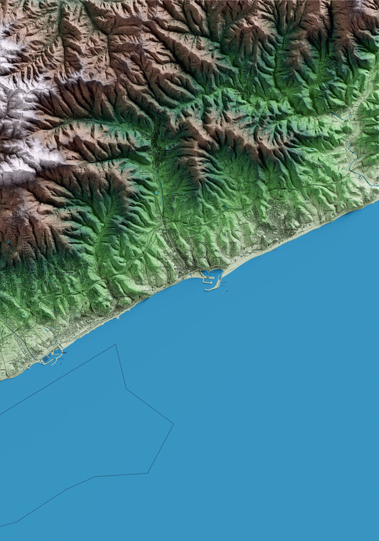 Mapa artístico del relieve de Arenys de Mar, al Maresme, con 15 km de entorno y base topográfica ICGC