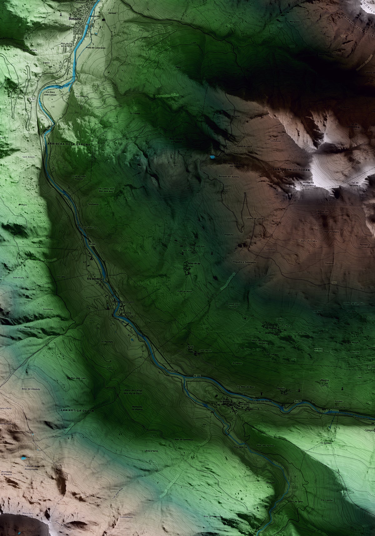 Mapa artístico del relieve de Arres, al Aran, con 15 km de entorno y base topográfica ICGC. Detalle de la zona central.