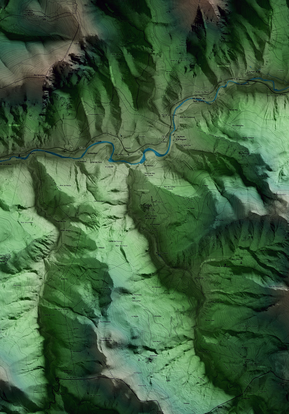 Mapa artístico del relieve de Arsèguel, al Alt Urgell, con 15 km de entorno y base topográfica ICGC. Detalle de la zona central.