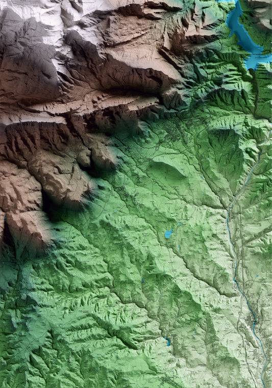 Mapa artístico del relieve de Avià, al Berguedà, con 15 km de entorno y base topográfica ICGC