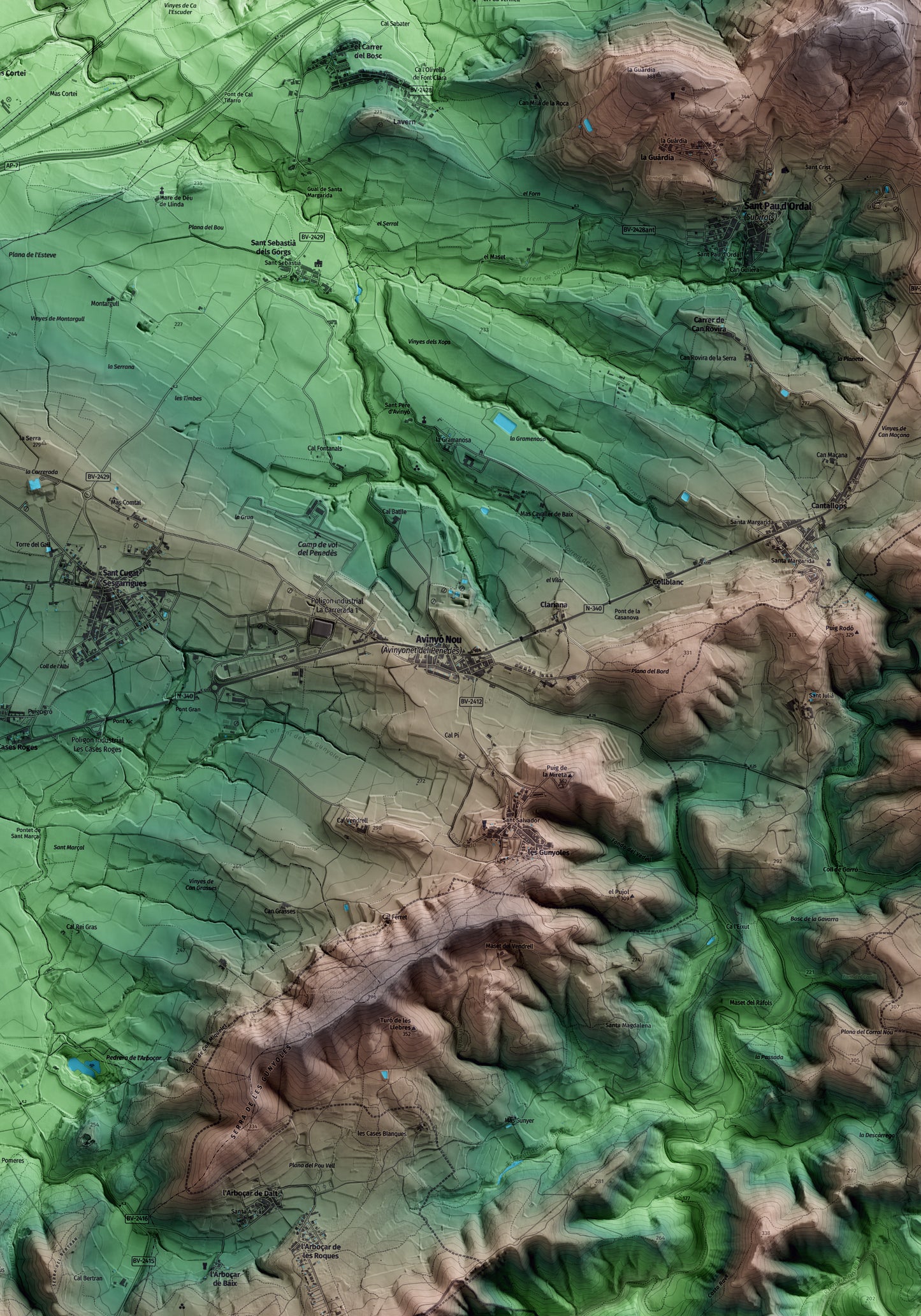 Mapa artístico del relieve de Avinyonet del Penedès, al Alt Penedès, con 15 km de entorno y base topográfica ICGC. Detalle de la zona central.