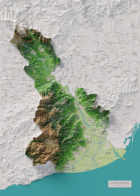 Mapa de relieve del Baix Llobregat, con el territorio en color y el entorno en blanco. Vista completa de la lámina. 50 × 70 cm. Estilo Clásico.