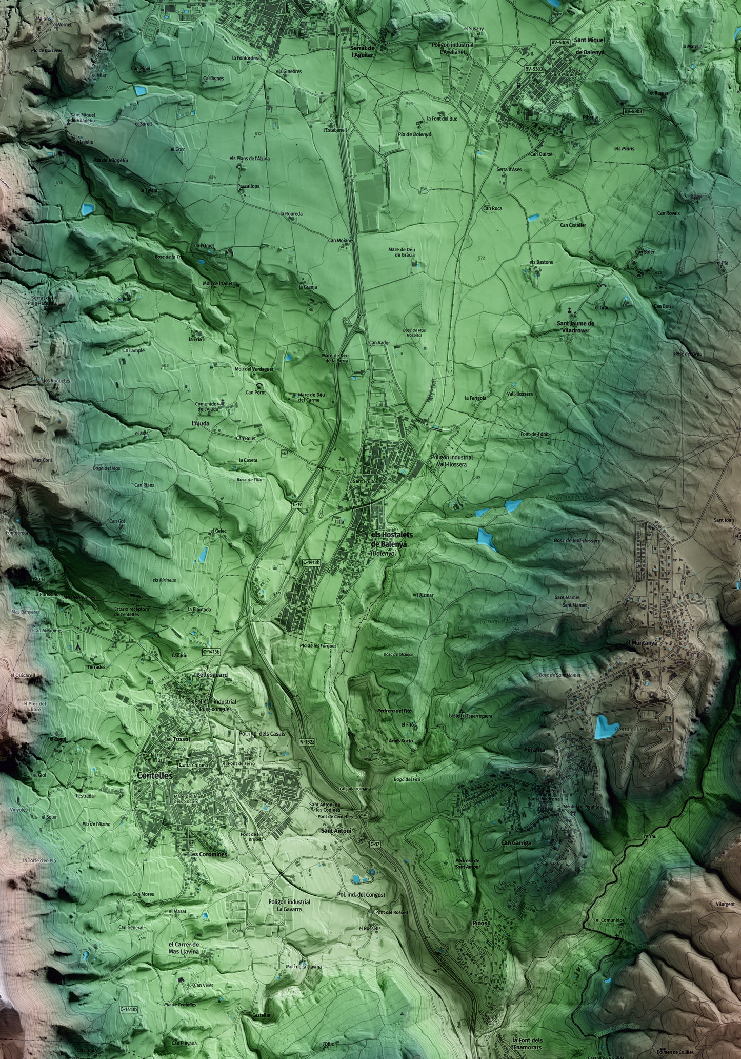 Mapa artístico del relieve de Balenyà, a Osona, con 15 km de entorno y base topográfica ICGC. Detalle de la zona central.