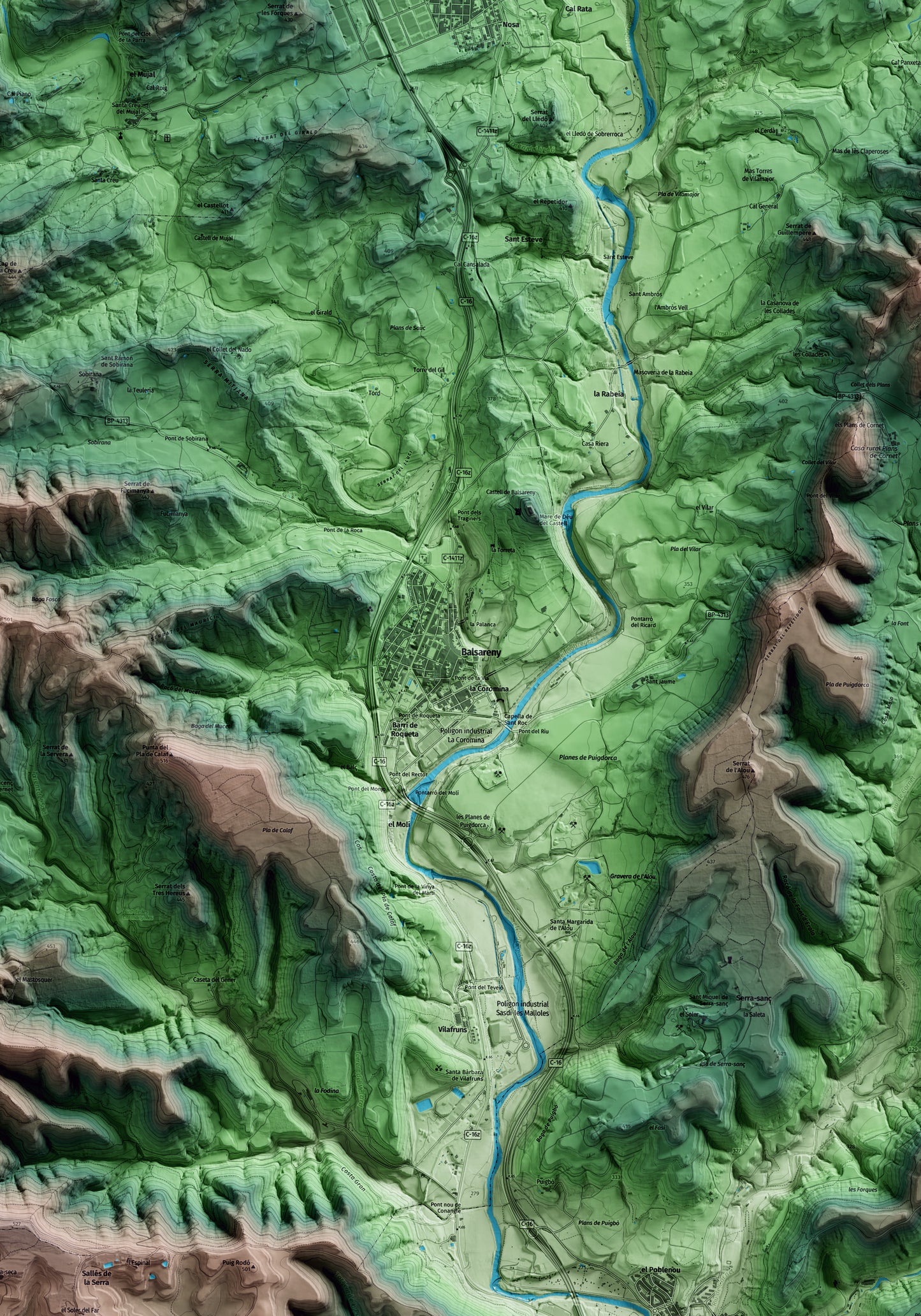Mapa artístic del relleu de Balsareny, al Bages, amb 15 km d’entorn i base topogràfica ICGC. Detall de la zona central.