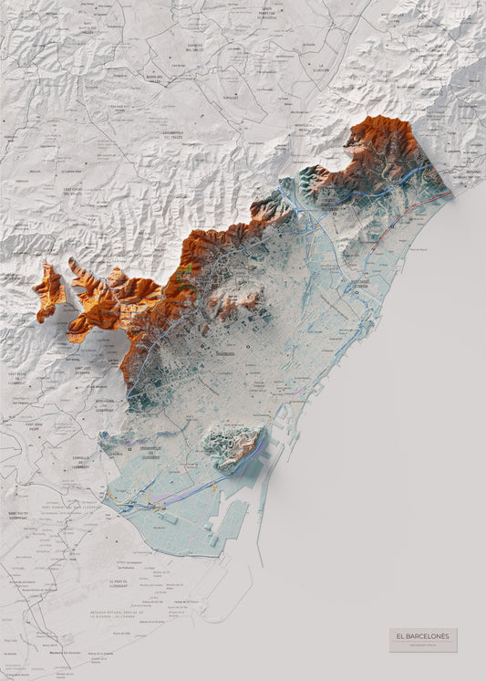 Mapa de relieve del Barcelonès, con el territorio en color y el entorno en blanco. Vista completa de la lámina. 50 × 70 cm. Estilo Contrastado.