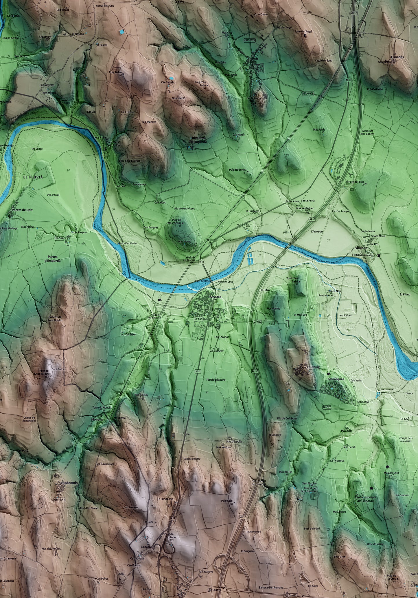 Mapa artístico del relieve de Bàscara, al Alt Empordà, con 15 km de entorno y base topográfica ICGC. Detalle de la zona central.