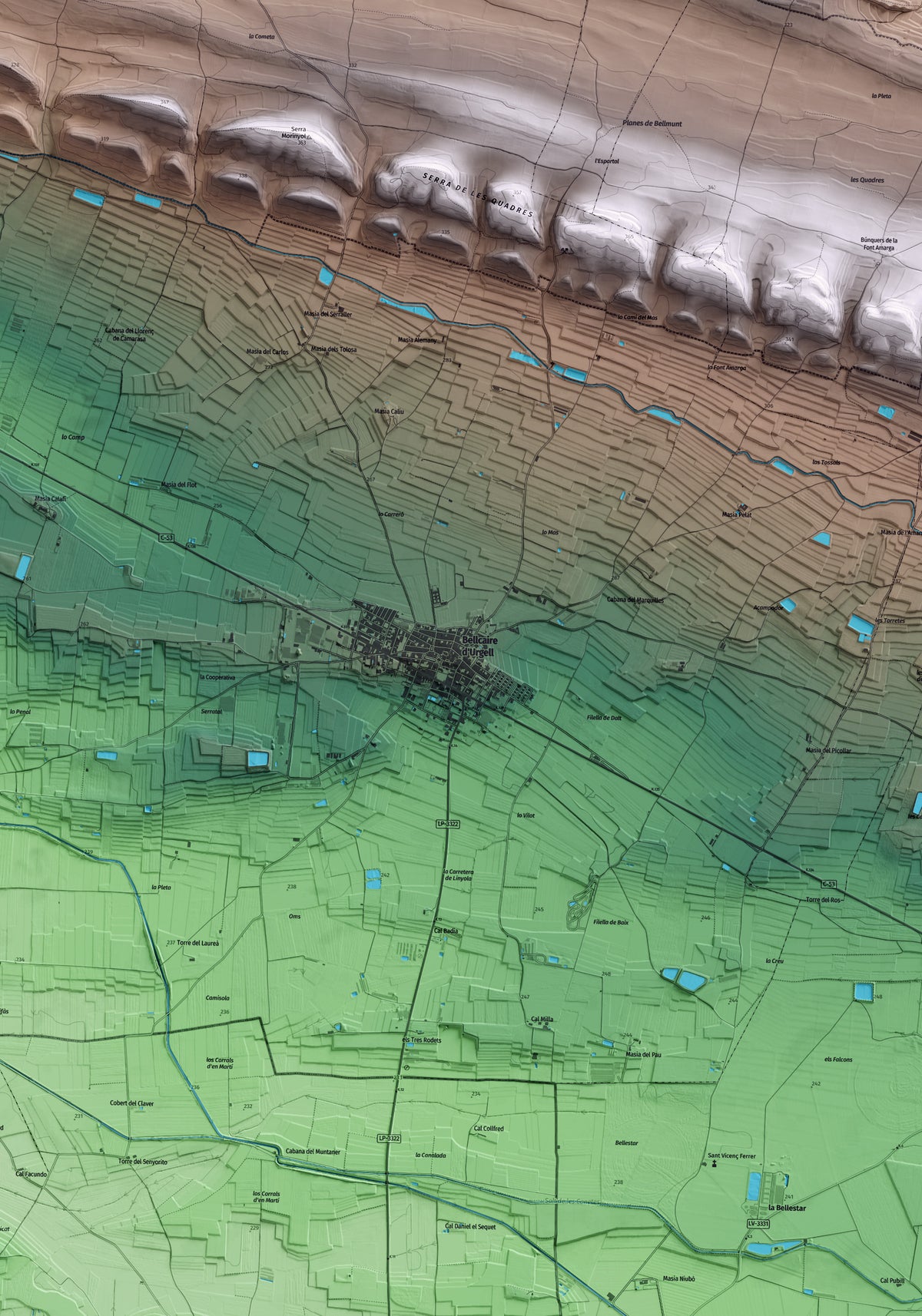 Mapa artístico del relieve de Bellcaire d'Urgell, a la Noguera, con 15 km de entorno y base topográfica ICGC. Detalle de la zona central.