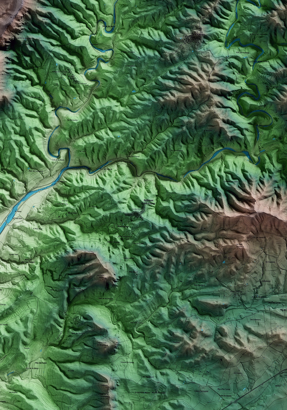 Mapa artístico del relieve de Bellmunt del Priorat, al Priorat, con 15 km de entorno y base topográfica ICGC. Detalle de la zona central.