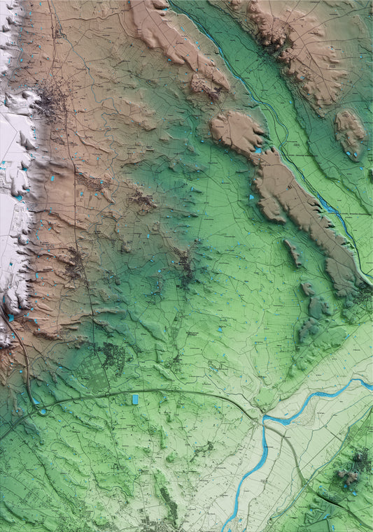 Mapa artístico del relieve de Benavent de Segrià, al Segrià, con 15 km de entorno y base topográfica ICGC