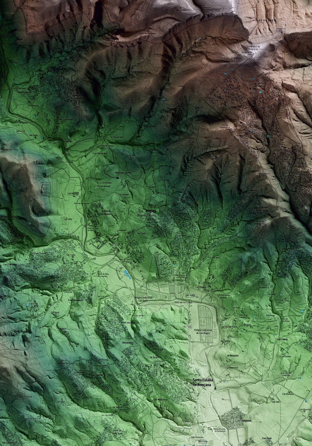 Mapa artístico del relieve de Bigues i Riells del Fai, al Vallès Oriental, con 15 km de entorno y base topográfica ICGC. Detalle de la zona central.