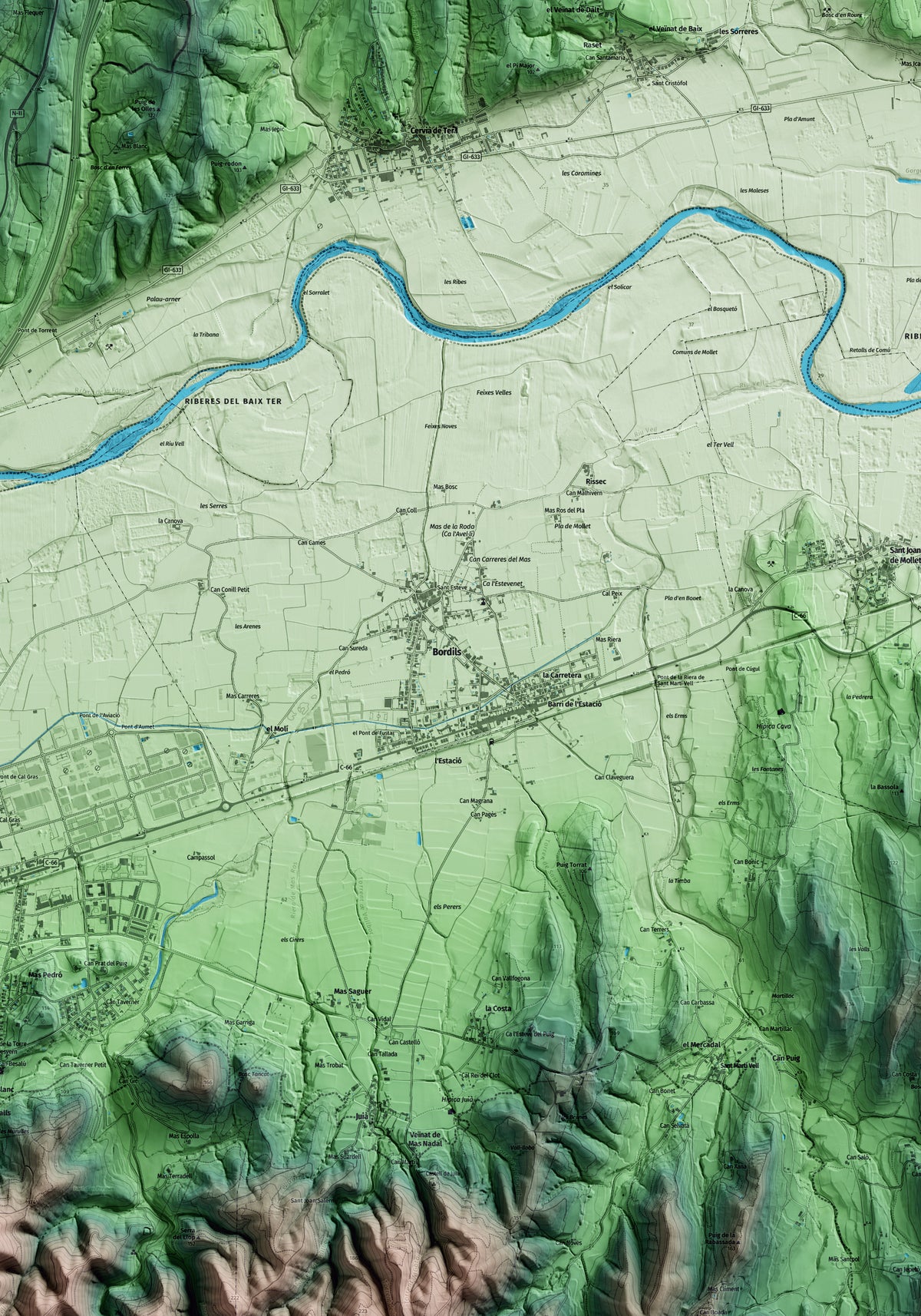 Mapa artístico del relieve de Bordils, al Gironès, con 15 km de entorno y base topográfica ICGC. Detalle de la zona central.