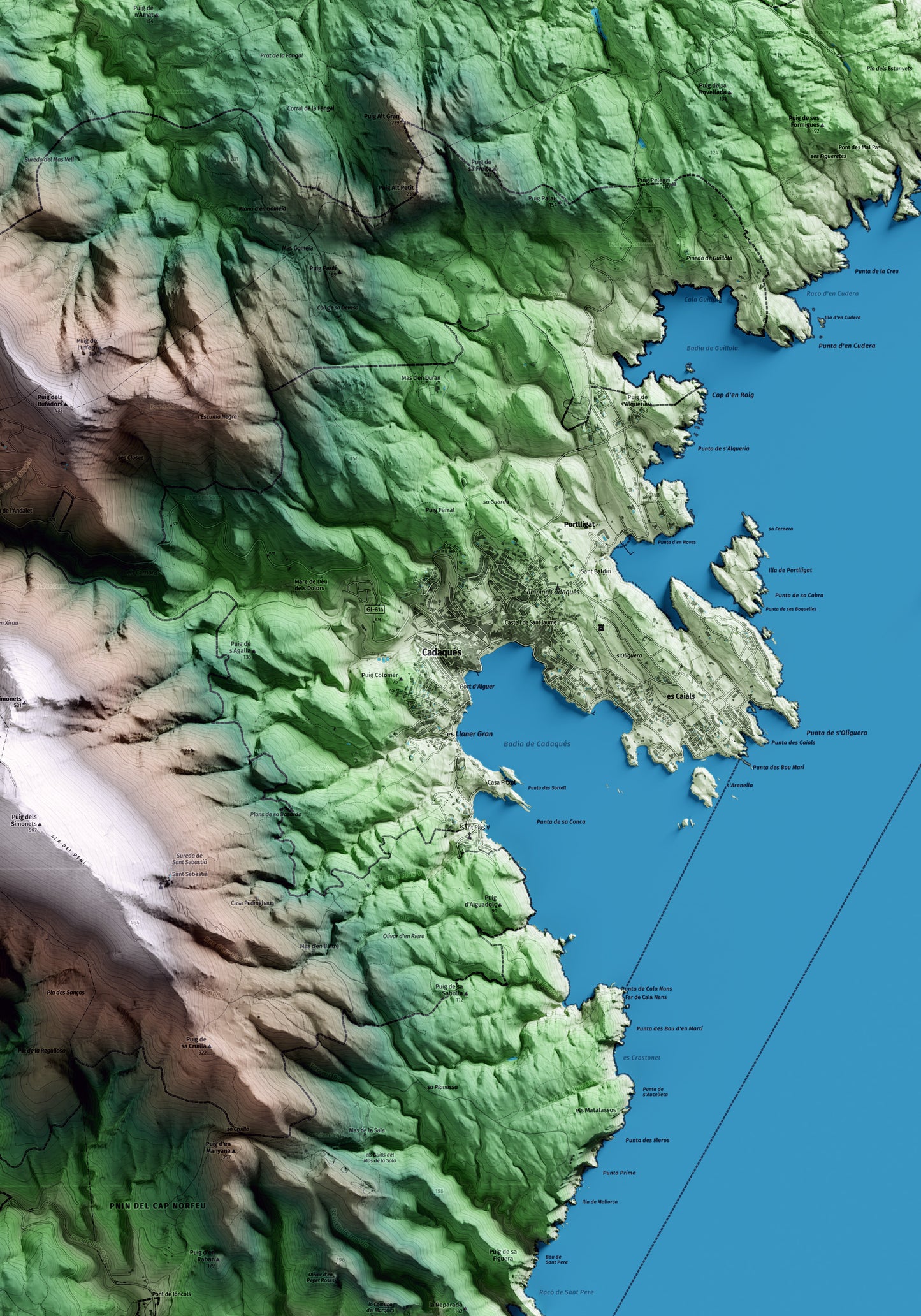 Mapa artístico del relieve de Cadaqués, al Alt Empordà, con 15 km de entorno y base topográfica ICGC. Detalle de la zona central.