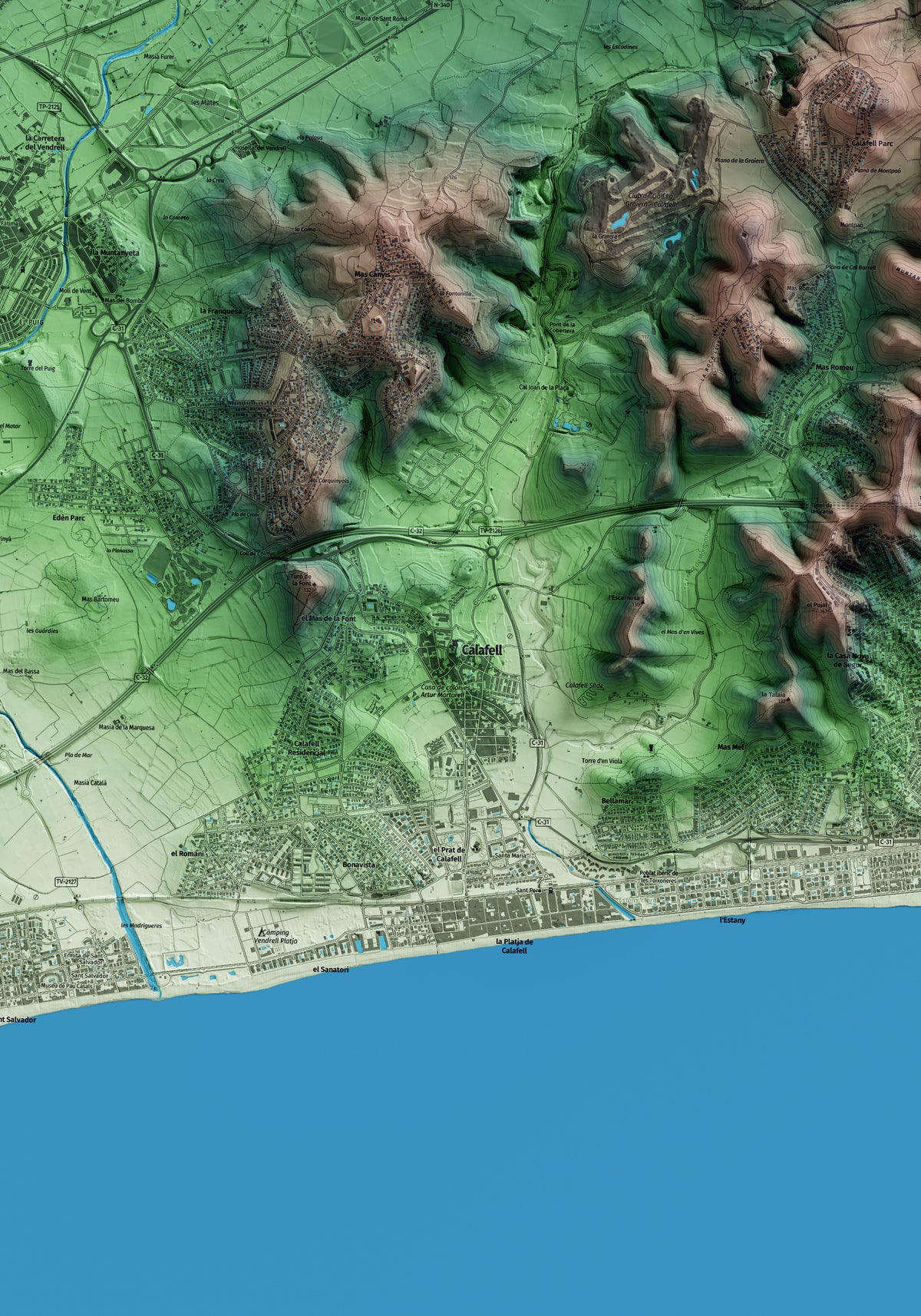 Mapa artístico del relieve de Calafell, al Baix Penedès, con 15 km de entorno y base topográfica ICGC. Detalle de la zona central.