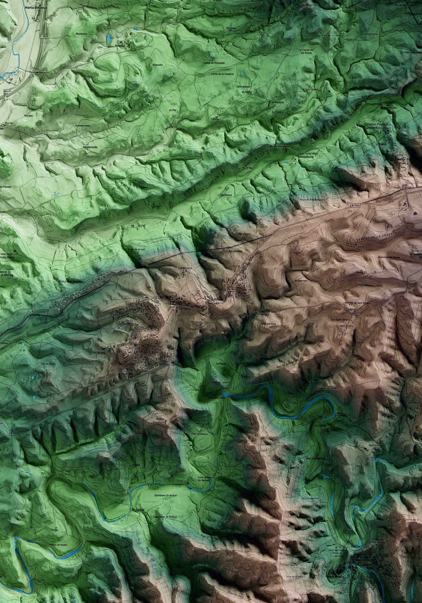 Mapa artístico del relieve de Calders, al Moianès, con 15 km de entorno y base topográfica ICGC. Detalle de la zona central.