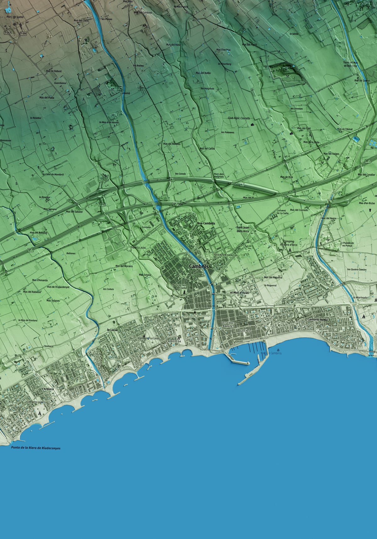 Mapa artístico del relieve de Cambrils, al Baix Camp, con 15 km de entorno y base topográfica ICGC. Detalle de la zona central.
