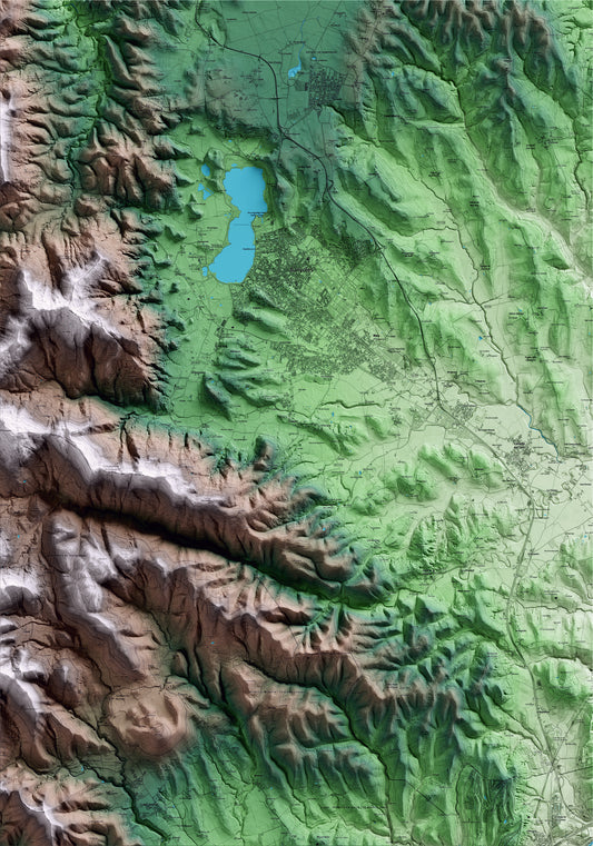 Mapa artístico del relieve de Camós, en el Pla de l'Estany, con 15 km de entorno y base topográfica ICGC