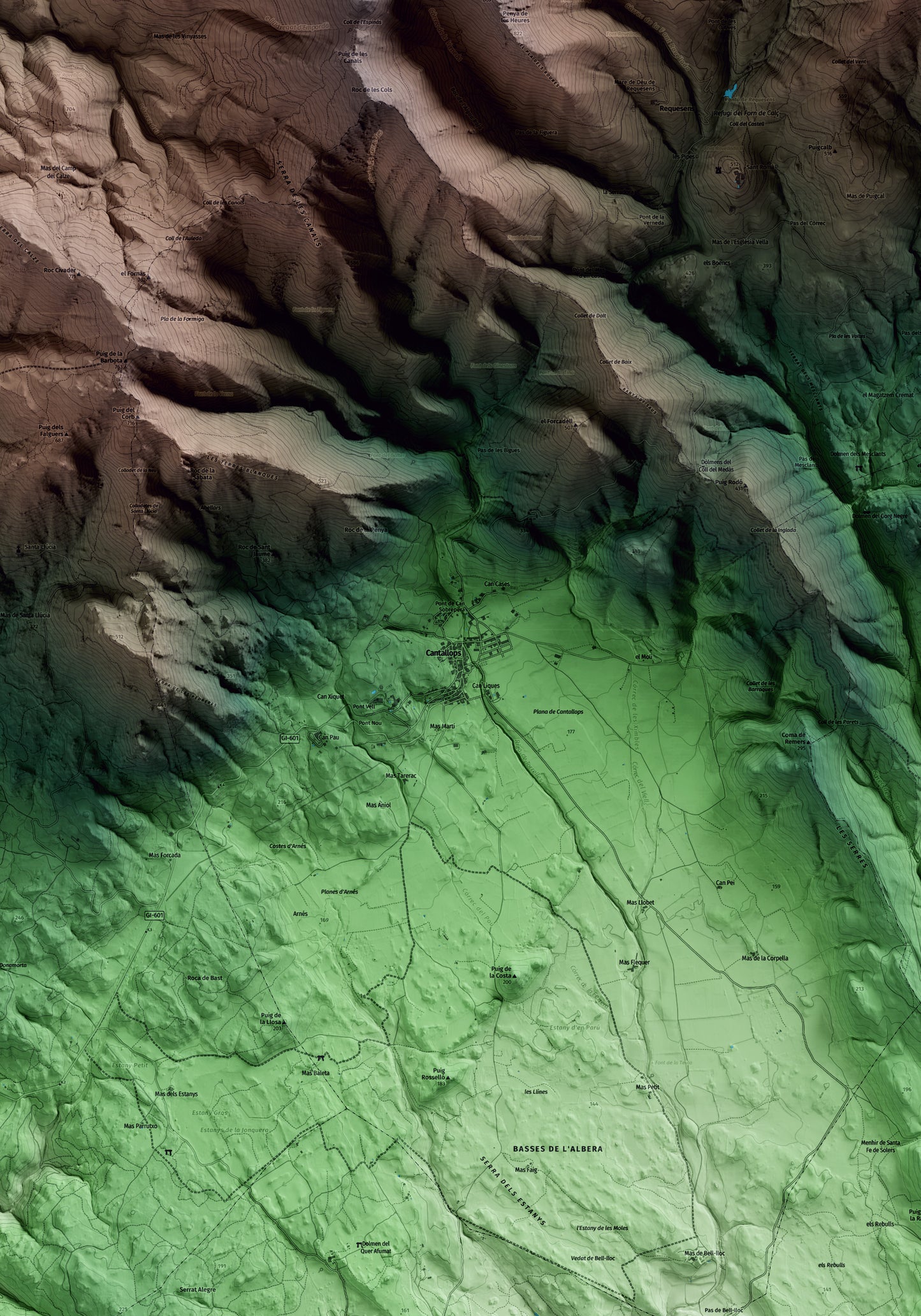 Mapa artístico del relieve de Cantallops, al Alt Empordà, con 15 km de entorno y base topográfica ICGC. Detalle de la zona central.