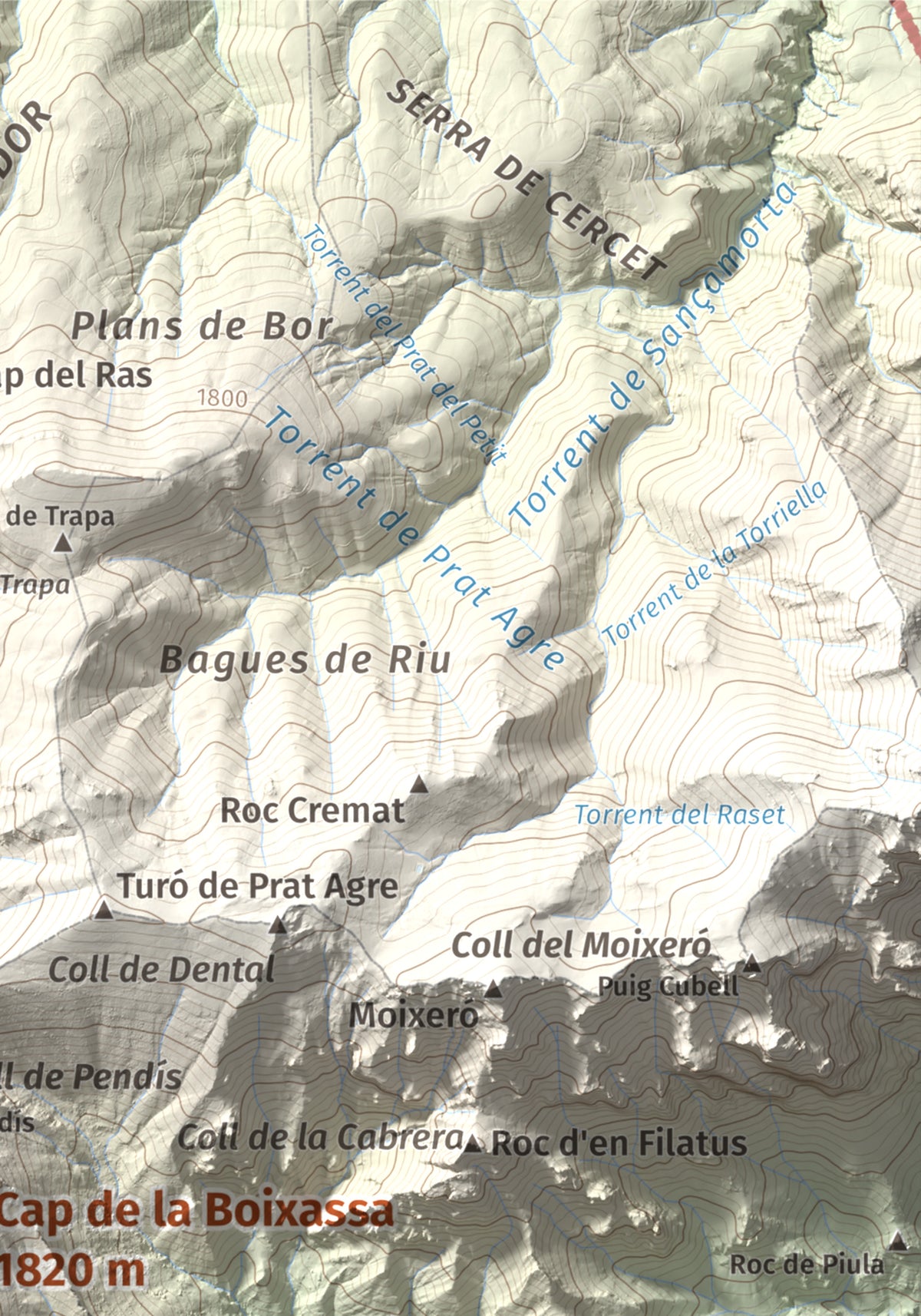 Mapa topográfico del relieve: Cap de la Boixassa, 1820 m. Detalle de la zona superior derecha. 21 × 30 cm.