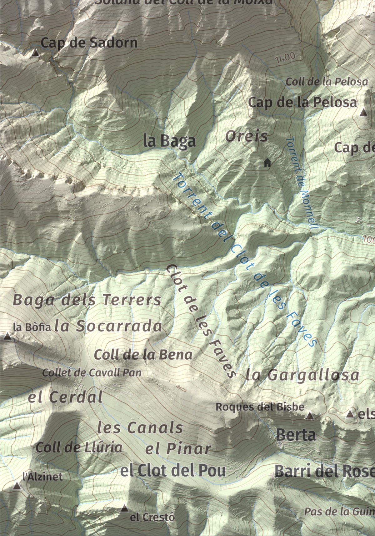 Mapa topográfico del relieve: Cap de la Boixassa, 1820 m. Detalle de la zona inferior izquierda. 21 × 30 cm.