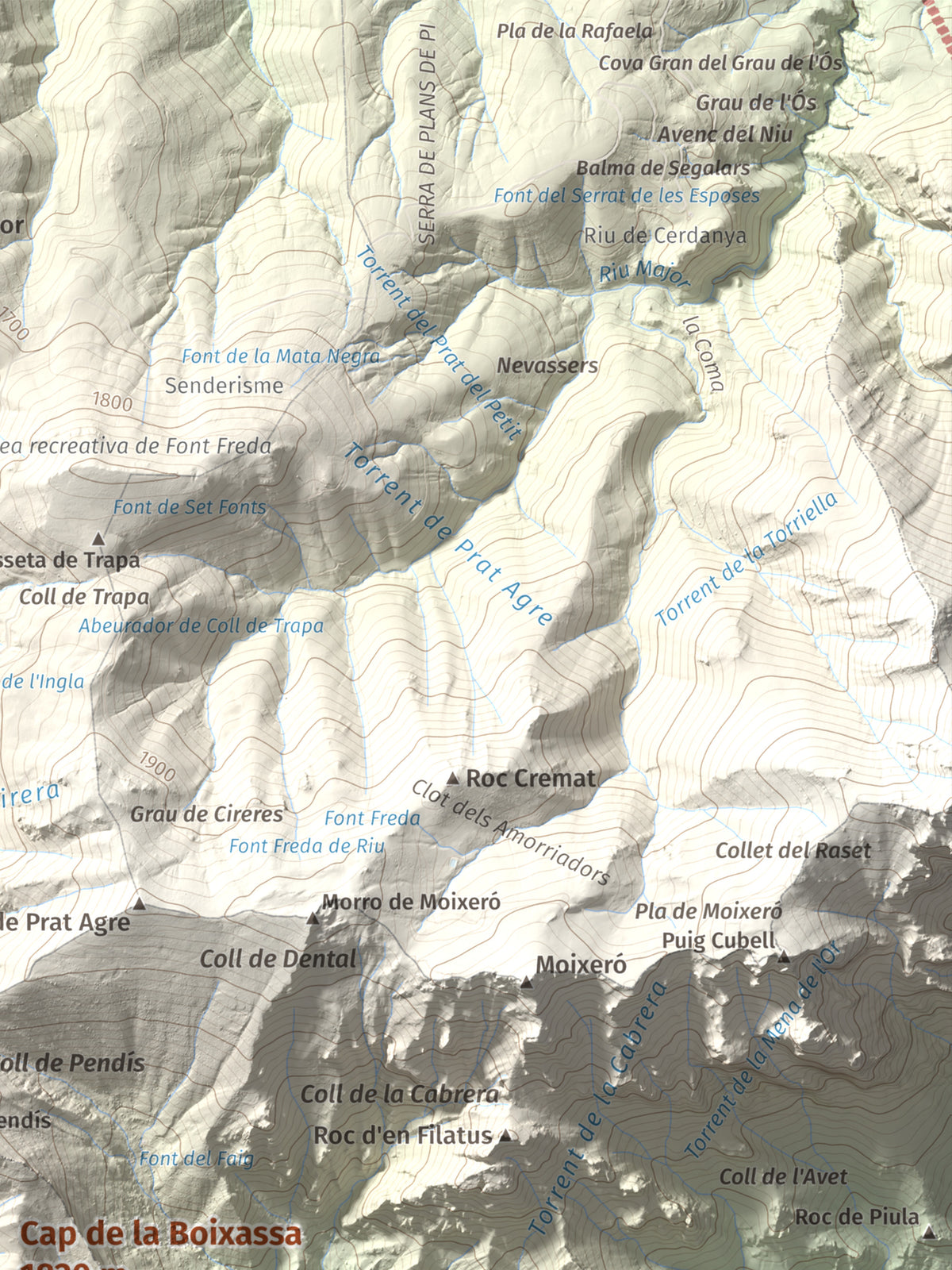Mapa topográfico del relieve: Cap de la Boixassa, 1820 m. Detalle de la zona superior derecha. 30 × 40 cm.