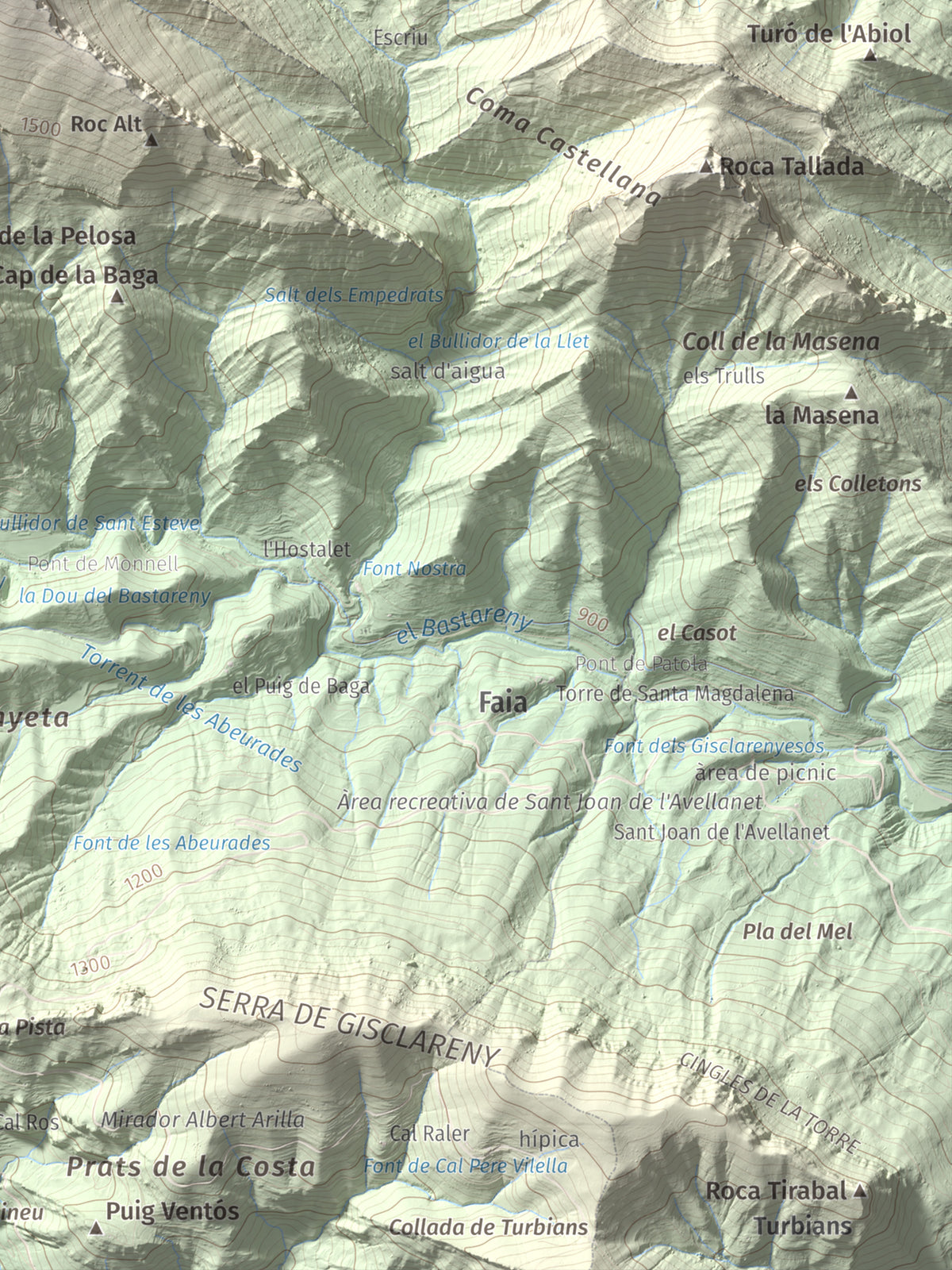 Mapa topográfico del relieve: Cap de la Boixassa, 1820 m. Detalle de la zona inferior derecha. 30 × 40 cm.