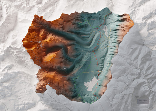 Mapa de relieve del Capcir, con el territorio en color y el entorno en blanco. Vista completa de la lámina. 50 × 70 cm. Estilo Contrastado.