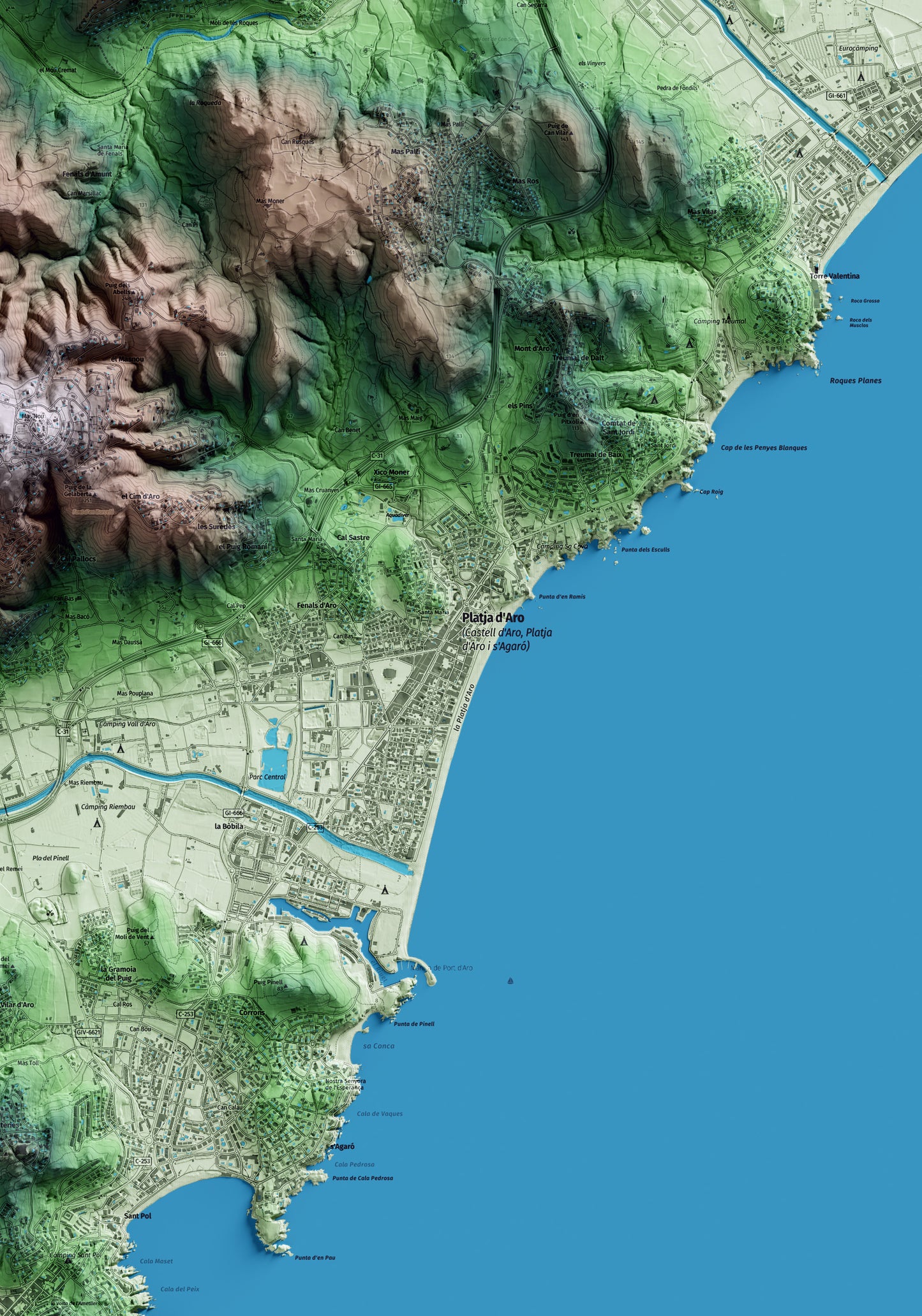 Mapa artístico del relieve de Castell d'Aro, Platja d'Aro i s'Agaró, al Baix Empordà, con 15 km de entorno y base topográfica ICGC. Detalle de la zona central.