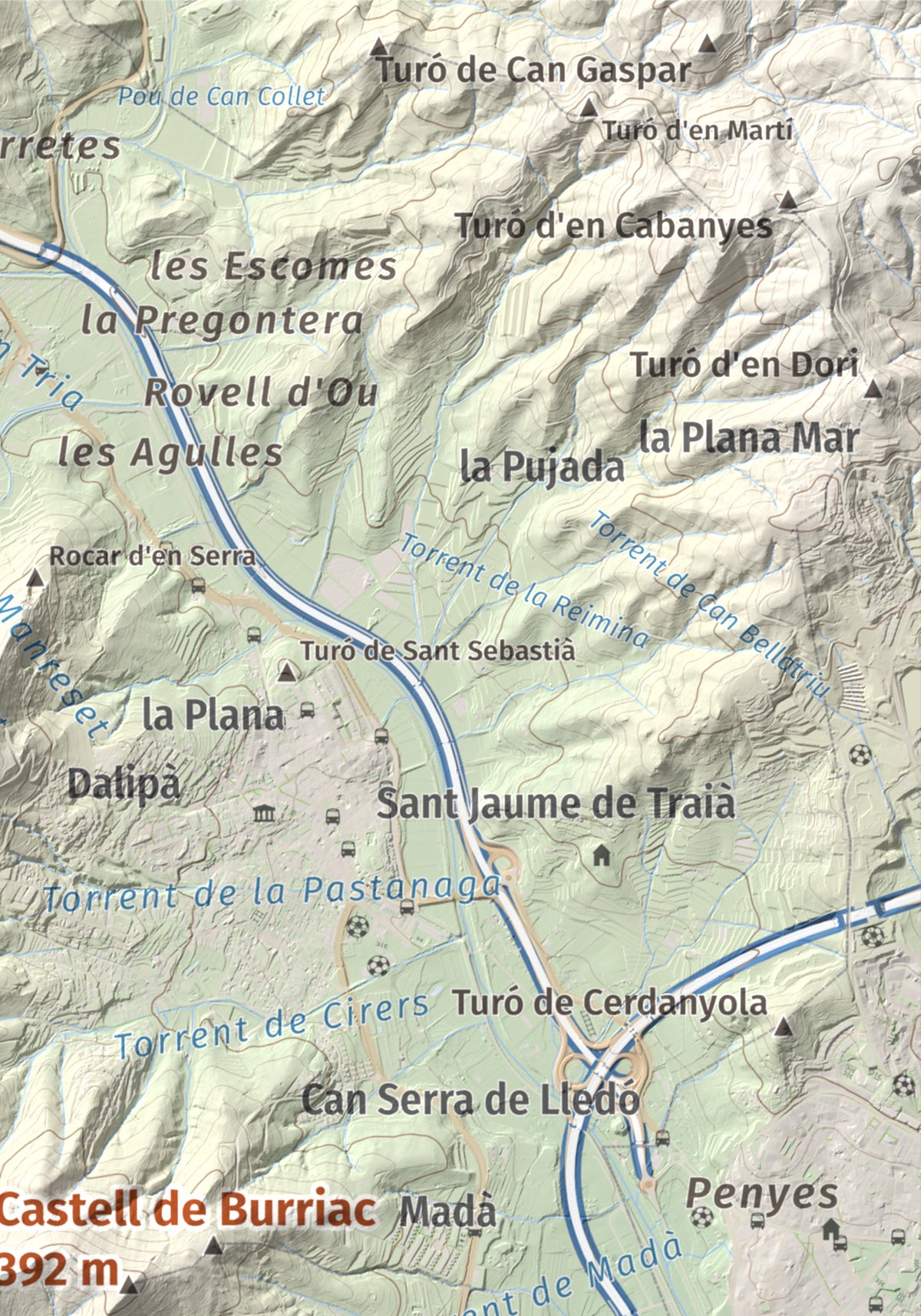 Mapa de relieve de Castell de Burriac, 392 m, Maresme, lámina 100 Cims de Trobart. Detalle de la zona superior derecha. 21 × 30 cm.